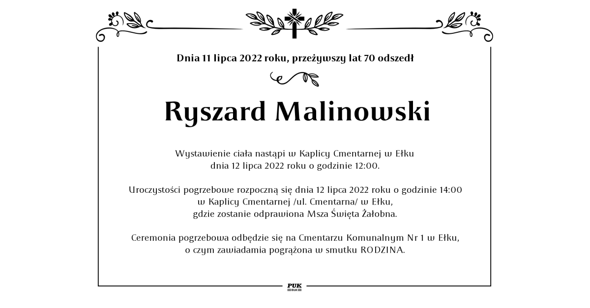 Ryszard Malinowski nekrolog i kondolencje Zakład Usług Pogrzebowych